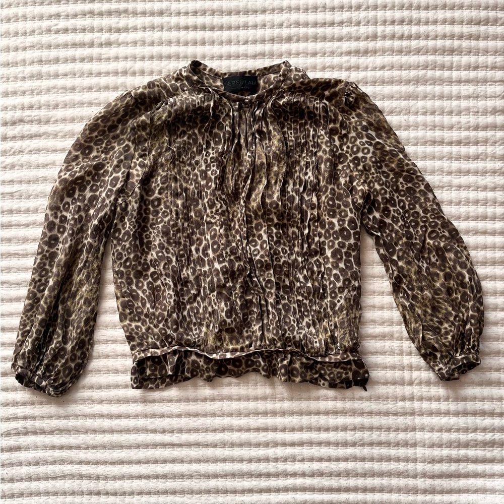 Designer Derek Lam Main Line Leopard Print Blouse Sheer Long Sleeve Top XS